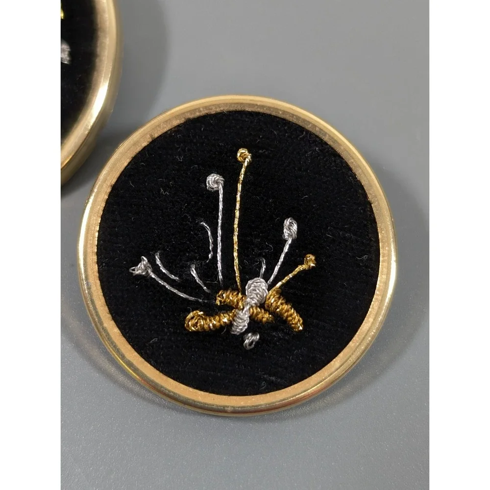 Vintage Black Velvet Embroidered Oval Brooch Set‎ Gold Tone Frame – Set of 2